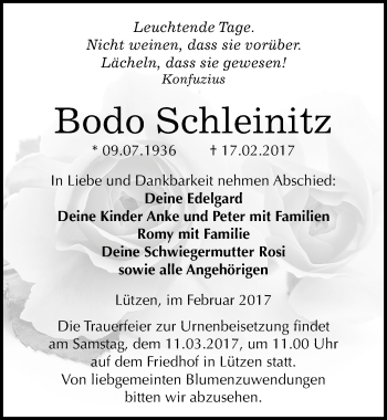 Traueranzeige von Bodo Schleinitz von Mitteldeutsche Zeitung Weißenfels