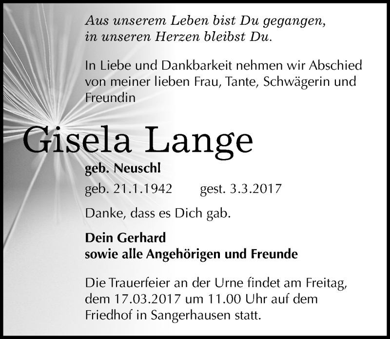  Traueranzeige für Gisela Lange vom 10.03.2017 aus Mitteldeutsche Zeitung Sangerhausen