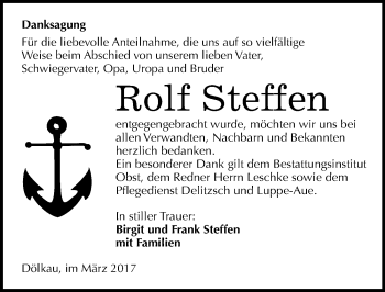 Traueranzeige von Rolf Steffen von Mitteldeutsche Zeitung Merseburg/Querfurt