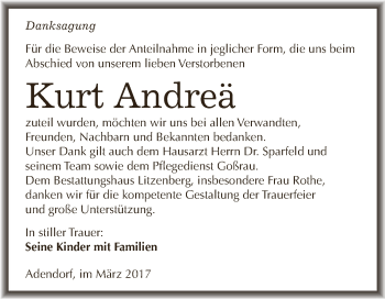 Traueranzeige von Kurt Andreä von Super Sonntag SGH Mansf. Land