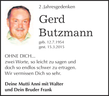 Traueranzeige von Gerd Butzmann von WVG - Wochenspiegel Halle