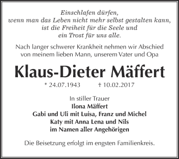 Traueranzeige von Klaus-Dieter Mäffert von WVG - Wochenspiegel Bitterfeld
