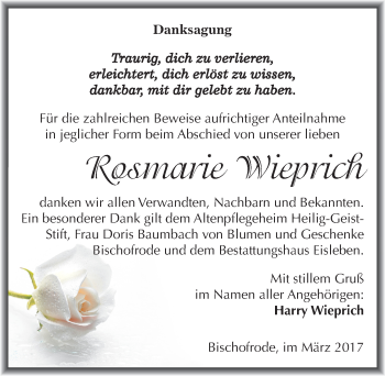 Traueranzeige von Rosmarie Wieprich von Mitteldeutsche Zeitung Mansfelder Land