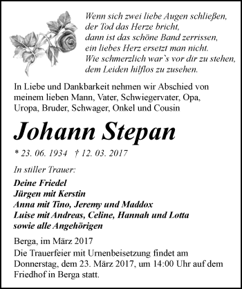 Traueranzeige von Johann Stepan von Mitteldeutsche Zeitung Sangerhausen