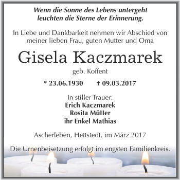 Traueranzeige von Gisela Kaczmarek von Super Sonntag SGH Mansf. Land