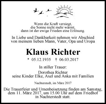Traueranzeige von Klaus Richter von Mitteldeutsche Zeitung Aschersleben