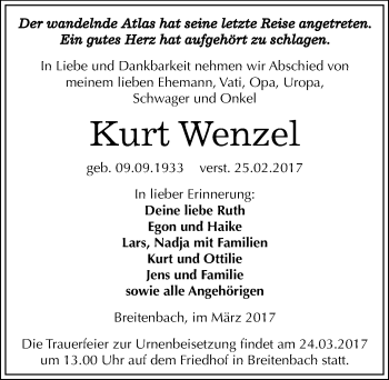 Traueranzeige von Kurt Wenzel von Mitteldeutsche Zeitung Zeitz