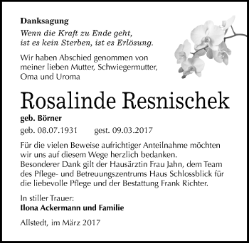 Traueranzeige von Rosalinde Resnischek von Mitteldeutsche Zeitung Sangerhausen