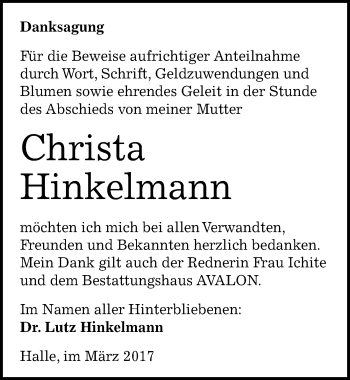 Traueranzeige von Christa Hinkelmann von Mitteldeutsche Zeitung