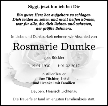 Traueranzeige von Rosmarie Dumke von Mitteldeutsche Zeitung Weißenfels