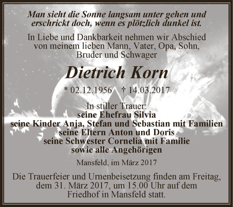  Traueranzeige für Dietrich Korn vom 25.03.2017 aus Super Sonntag SGH Mansf. Land