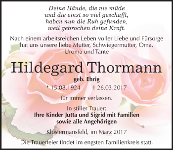 Traueranzeige von Hildegard Thormann von Mitteldeutsche Zeitung Mansfelder Land
