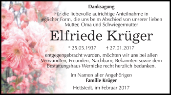 Traueranzeige von Elfriede Krüger von Super Sonntag SGH Mansf. Land