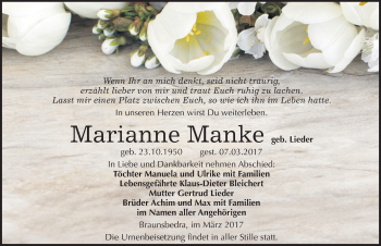 Traueranzeige von Marianne Manke von Mitteldeutsche Zeitung Merseburg/Querfurt