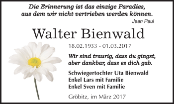 Traueranzeige von Walter Bienwald von Mitteldeutsche Zeitung Weißenfels