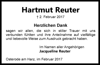 Traueranzeige von Hartmut Reuter von Mitteldeutsche Zeitung Sangerhausen