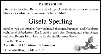 Traueranzeige von Gisela Sperling von Mitteldeutsche Zeitung Dessau-Roßlau