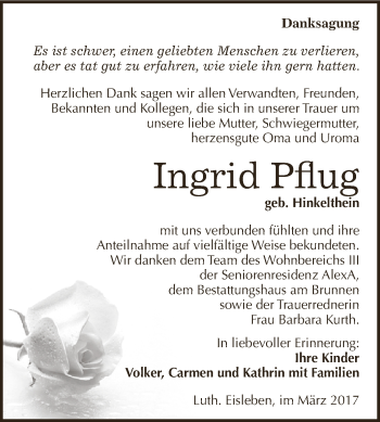 Traueranzeige von Ingrid Pflug von Super Sonntag SGH Mansf. Land