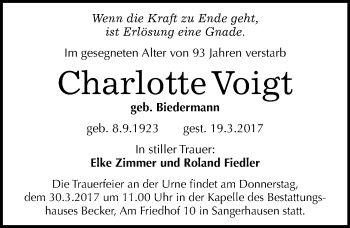 Traueranzeige von Charlotte Voigt von Mitteldeutsche Zeitung Sangerhausen
