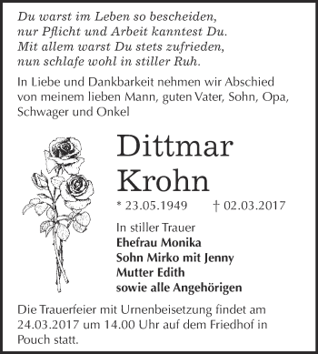 Traueranzeige von Dittmar Krohn von WVG - Wochenspiegel Bitterfeld