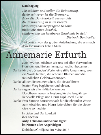 Traueranzeige von Annemarie Erfurth von WVG - Wochenspiegel NMB / WSF / ZTZ