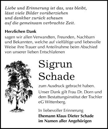 Traueranzeige von Sigrun Schade von Mitteldeutsche Zeitung Wittenberg