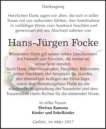 Traueranzeige von Hans Jürgen Focke von Super Sonntag Bernburg