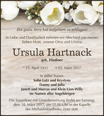 Traueranzeige von Ursula Hartnack von Super Sonntag Zeitz