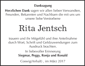 Traueranzeige von Rita Jentsch von Super Sonntag Wittenberg