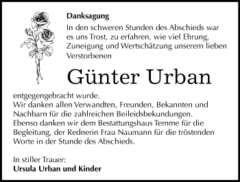 Traueranzeige von Günter Urban von Mitteldeutsche Zeitung Bitterfeld