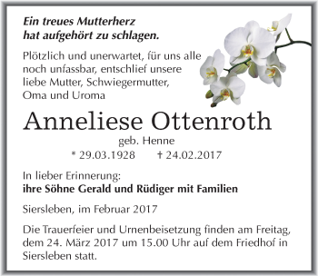 Traueranzeige von Anneliese Ottenroth von Mitteldeutsche Zeitung Mansfelder Land
