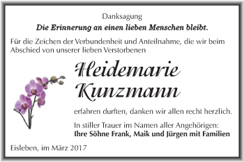 Traueranzeige von Heidemarie Kunzmann von Super Sonntag SGH Mansf. Land