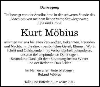 Traueranzeige von Kurt Möbius von Mitteldeutsche Zeitung Halle/Saalkreis