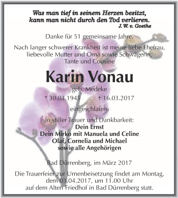 Traueranzeige von Karin Vonau von Super Sonntag Halle