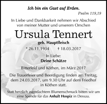 Traueranzeige von Ursula Tennert von Mitteldeutsche Zeitung Bitterfeld