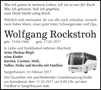 Traueranzeige von Wolfgang Rockstroh von Super Sonntag SGH Mansf. Land