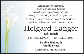 Traueranzeige von Helgard Langer von Mitteldeutsche Zeitung Merseburg/Querfurt