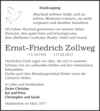 Traueranzeige von Ernst-Friedrich Zollweg von WVG - Wochenspiegel Bitterfeld