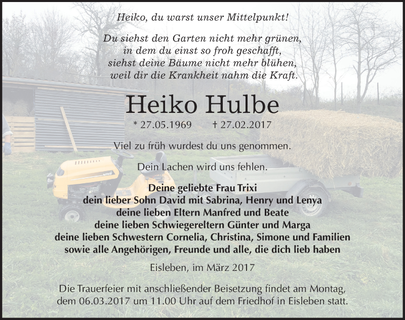  Traueranzeige für Heiko Hulbe vom 03.03.2017 aus Mitteldeutsche Zeitung Mansfelder Land