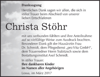 Traueranzeige von Christa Stöhr von WVG - Wochenspiegel NMB / WSF / ZTZ
