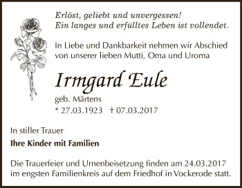 Traueranzeige von Irmgard Euk von Super Sonntag Wittenberg