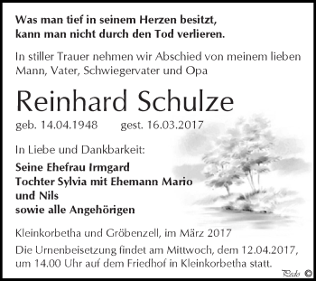 Traueranzeige von Reinhard Schulze von WVG - Wochenspiegel NMB / WSF / ZTZ