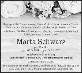 Traueranzeige von Marta Schwarz von Super Sonntag Halle