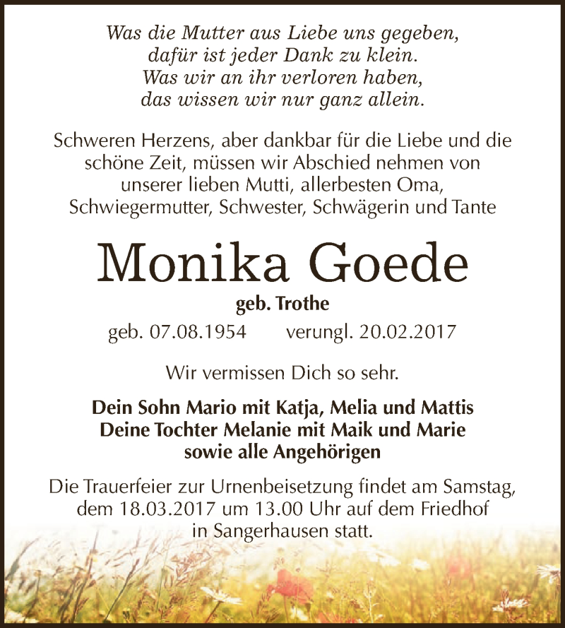 Traueranzeige für Monika Goede vom 11.03.2017 aus Super Sonntag SGH Mansf. Land