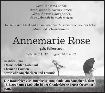 Traueranzeige von Annemarie Rose von Super Sonntag Halle