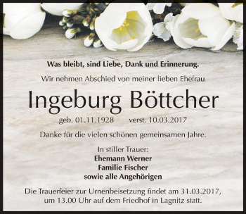 Traueranzeige von Ingeburg Böttcher von Mitteldeutsche Zeitung Weißenfels