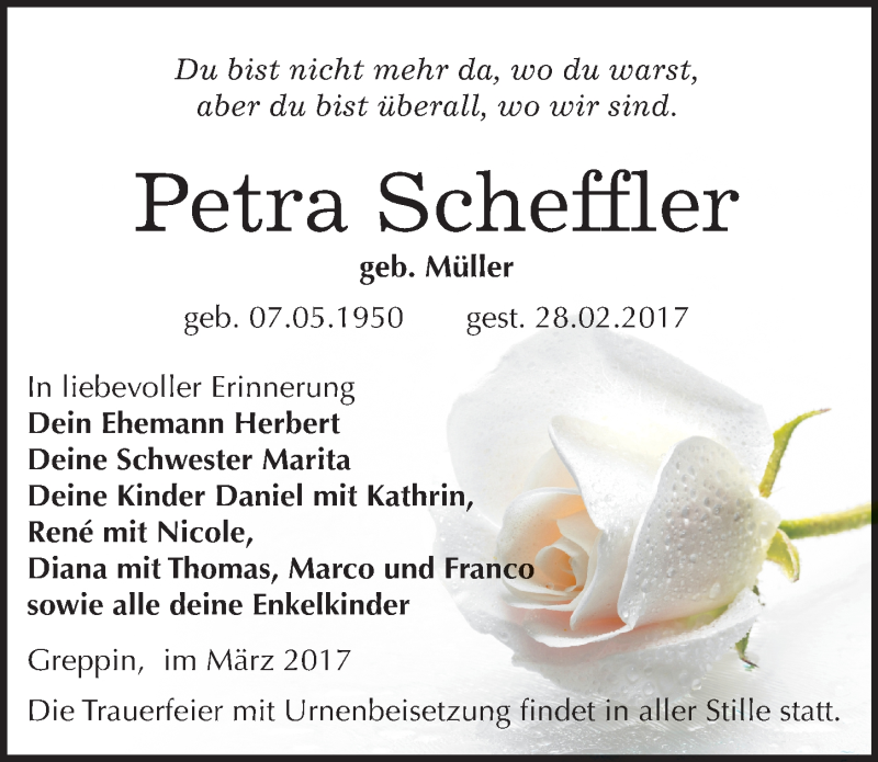  Traueranzeige für Petra Scheffler vom 04.03.2017 aus Mitteldeutsche Zeitung Bitterfeld