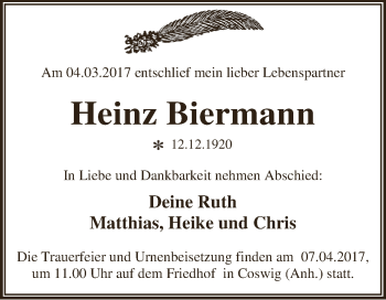 Traueranzeige von Heinz Biermann von Super Sonntag Wittenberg