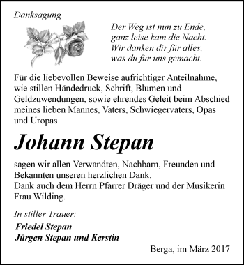 Traueranzeige von Johann Stepan von Mitteldeutsche Zeitung Sangerhausen