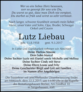 Traueranzeige von Lutz Liebau von Super Sonntag SGH Mansf. Land
